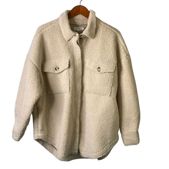 Good American Cream Sherpa Shacket Oversize Button Down Shirt Jacket Size 1/2 XL - Picture 3 of 16